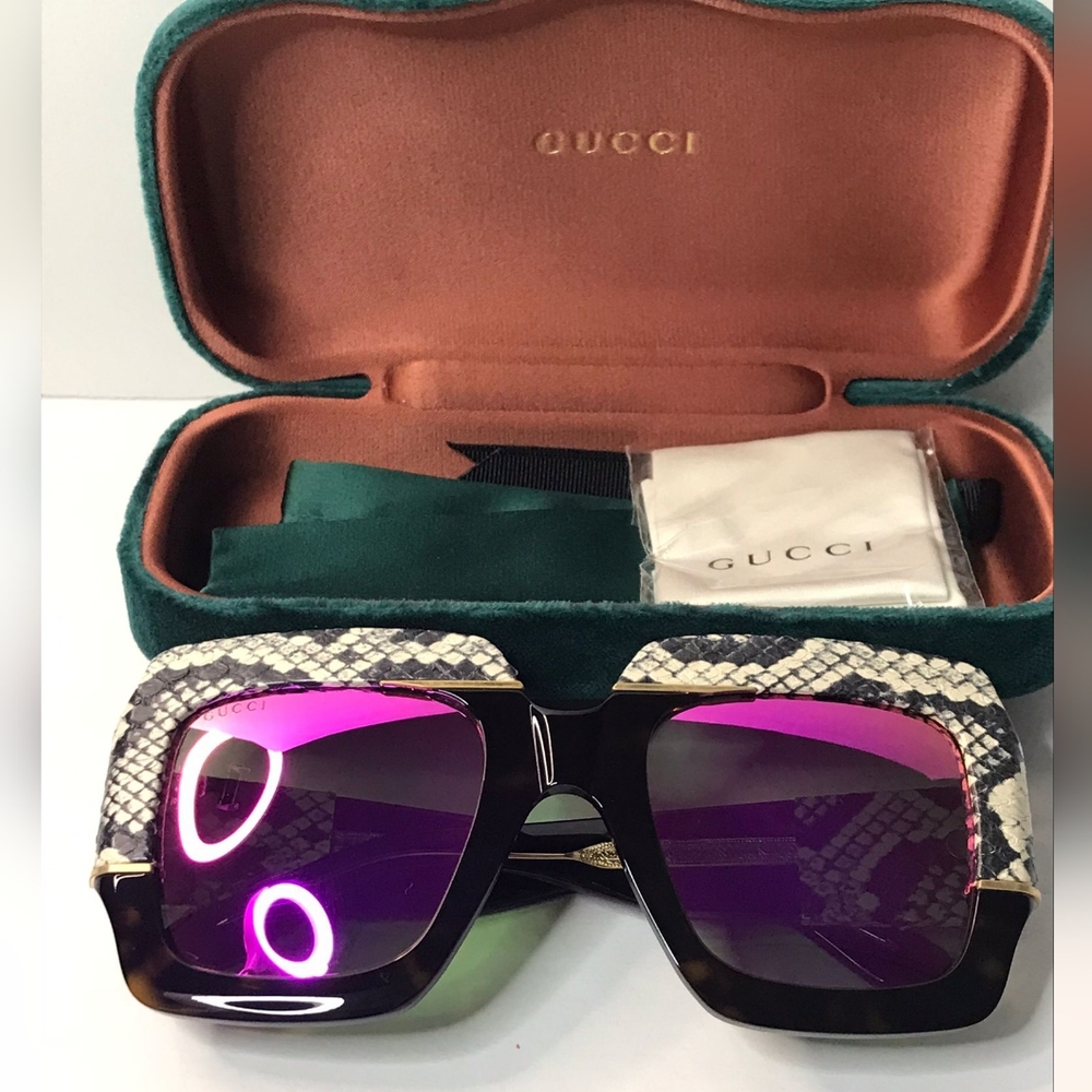New- 💯 Original Gucci 0484 Havana Pink Snake Fantasy Leather Fashion Oversize - Picture 9 of 17